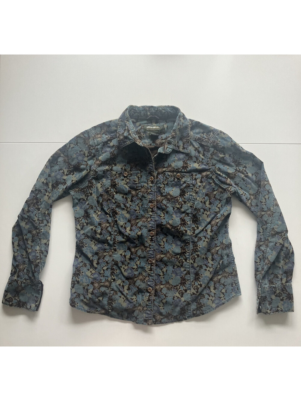 VTG 90s Eddie Bauer Floral Corduroy Button Up Long Sleeve Gorp PNW Sz S Petite